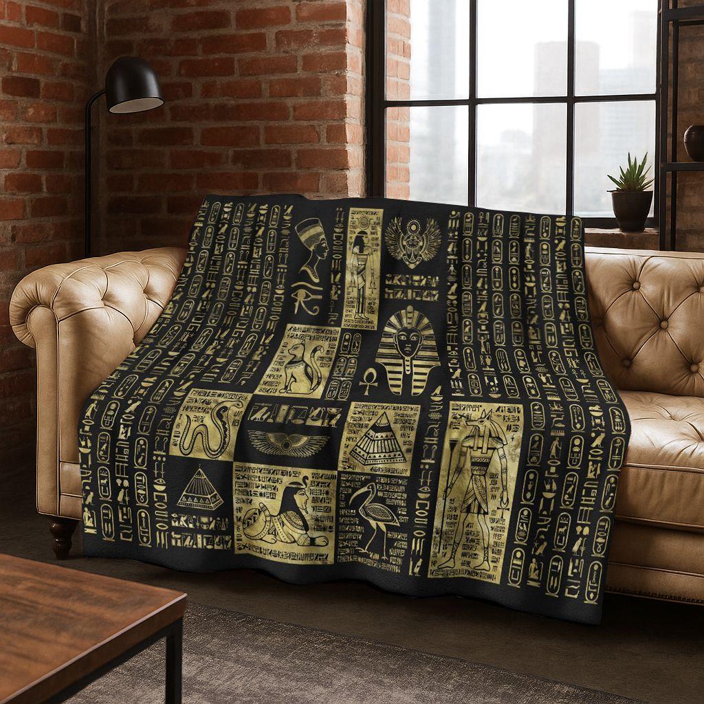 Ancient Egyptian Hieroglyphic Symbols Carved Murals Flannel Blanket,Cozy Soft Throw Blanket for Home Bedroom Bed Sofa Cover Gift