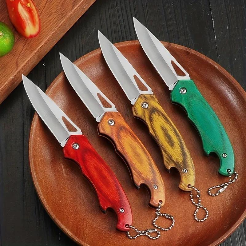 High Hardness Mini Folding Survival Outdoor Folding Knife Wood Grain Handle Keychain Multifunctional EDC Portable and Safe