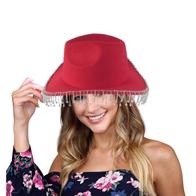 Trendy Cowboy Hat Denims Hat with Sparkling Rhinestones and Fringe Detail for Outdoor Activities Parties Halloween Hat