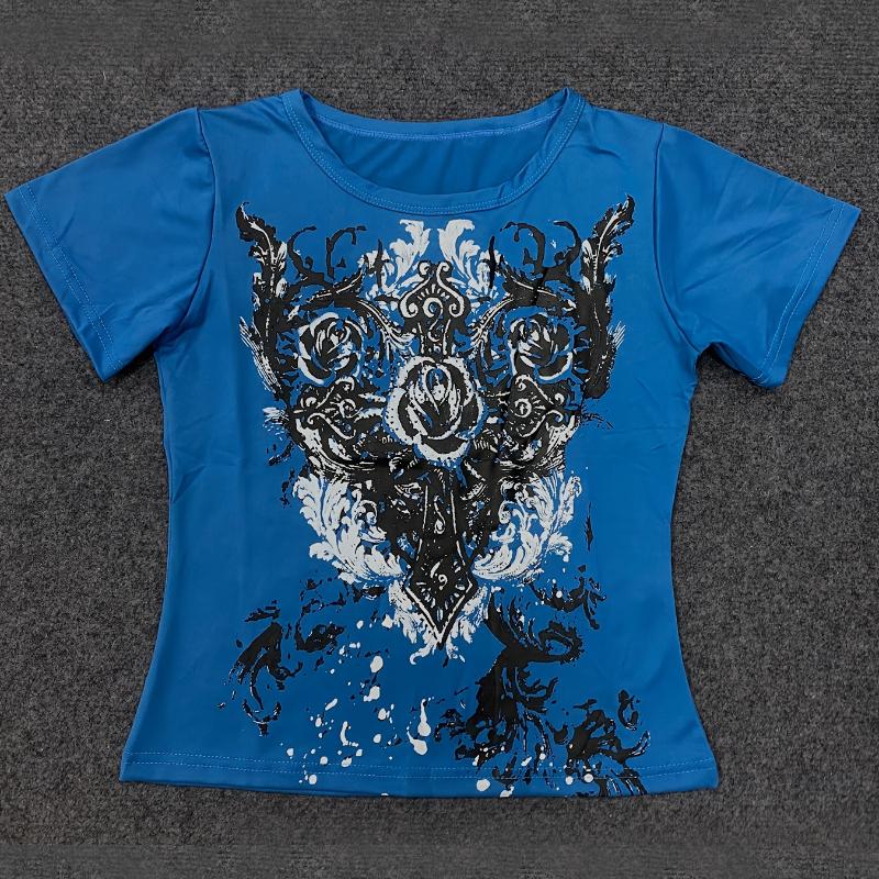 

Европейская и американская Y2K облегающая верхняя часть с принтом модная ретро женская одежда L синий