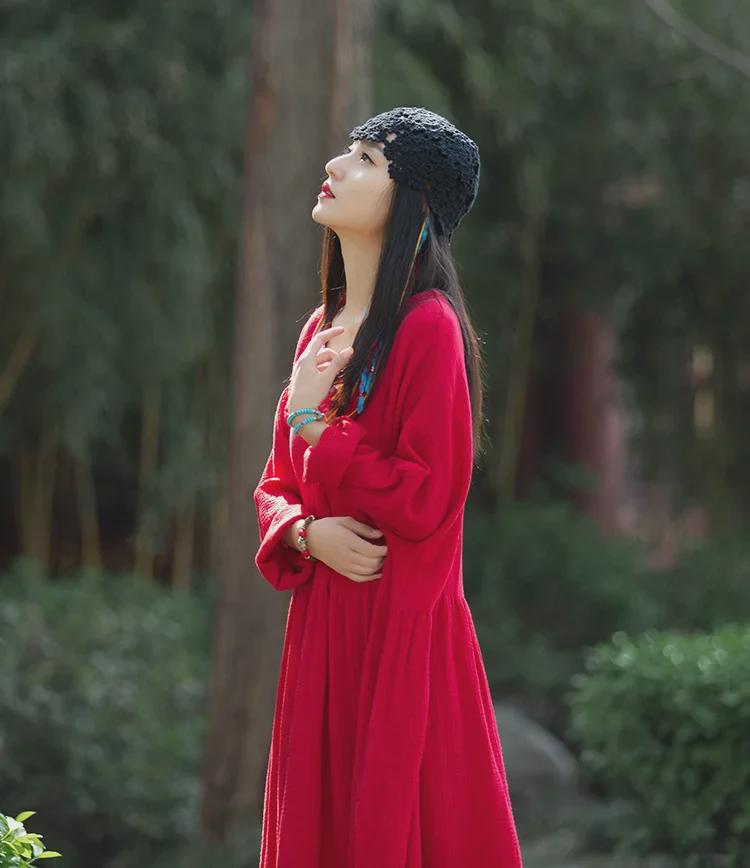 V-Neck Linen Double-Layer Swing Dress - Spring/Summer Retro Style