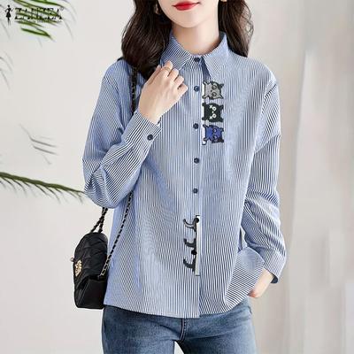 Camicia a righe casual da donna con colletto a punta e maniche lunghe