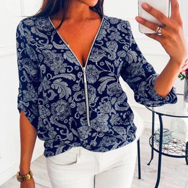 

Жіночі сорочки з довгим рукавом на блискавці, сексуальні, з V-подібним вирізом, квіткові, жіночі блузки та топи, повсякденні футболки XXL