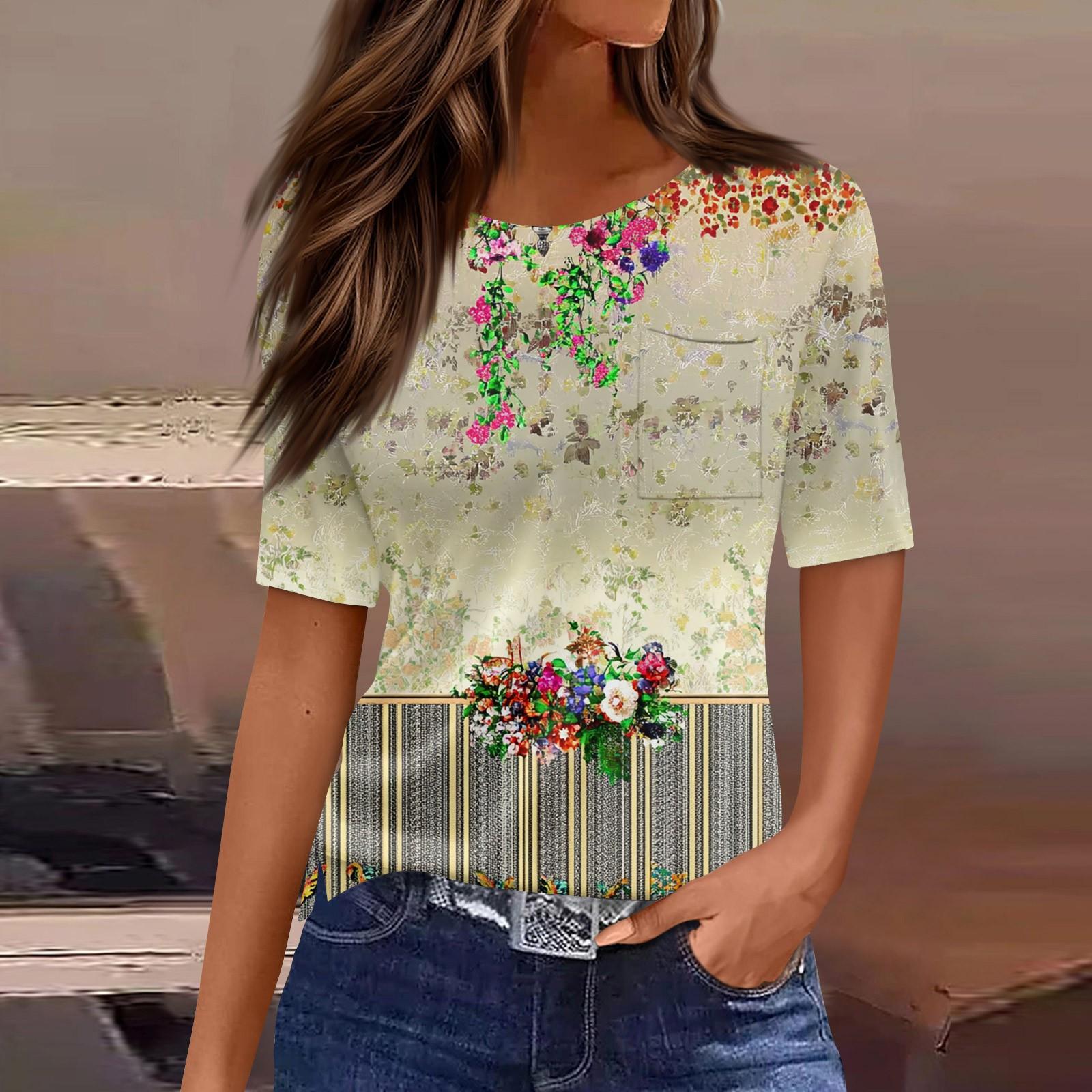 

Женская футболка с коротким рукавом и круглым вырезом, карманом и винтажным цветочным принтом L