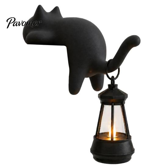 Retro Style Table Lamp Cat Shape Shelf Hook with LED Lantern, Vintage Decorative Light for Lovers Hanging Ornament, Soft Glow Night Bookshelves