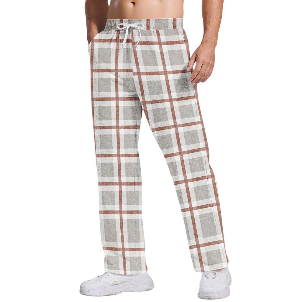 Men's Casual Pants With Pockets | Stripe Checkered Printed, Loose Straight Leg, Elastic Waist With Drawstring For Daily & Casual Wear