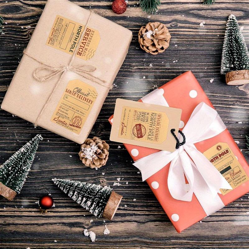 200pcs Vintage Christmas Label Stickers - Self-Adhesive Xmas Name Tags with Santa & Reindeer Designs, Kraft Paper Labels