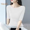Women Tops Slim Fit Solid Color Ribbed T-Shirt Round Neck Half Sleeve Elastic Pullover Tops Daily Wear