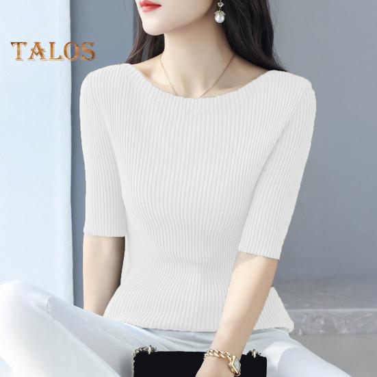Women Tops Slim Fit Solid Color Ribbed T-Shirt Round Neck Half Sleeve Elastic Pullover Tops Daily Wear