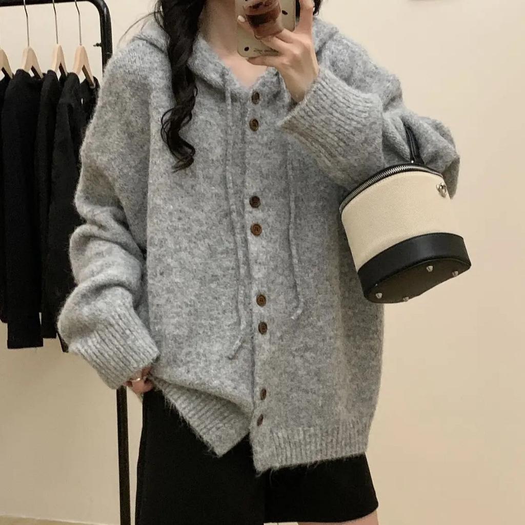 Autumn and Winter Cardigan Jacket Loose Solid Color Hooded Knit Sweater Top for Women