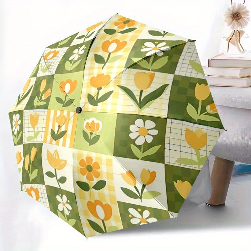 1pc Floral Patchwork Automatic Umbrella   Auto Open/Close Folding Umbrella with  8 Rib Frame, 3 Fold Compact Umbrella for Men & Women, 72