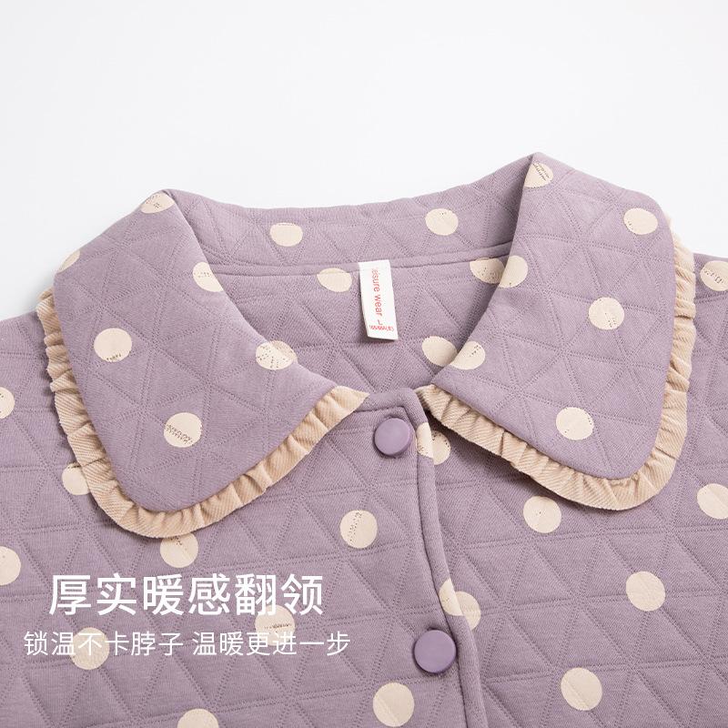 Air Cotton Pajamas Women'S Pure Cotton Long Sleeves Autumn And Winter Thickened Warm Interlayer Large Size Polka Dot Mother Loungewear