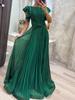 INS Sexy Pleated Short Sleeve Elegant Green Evening Gown for Women