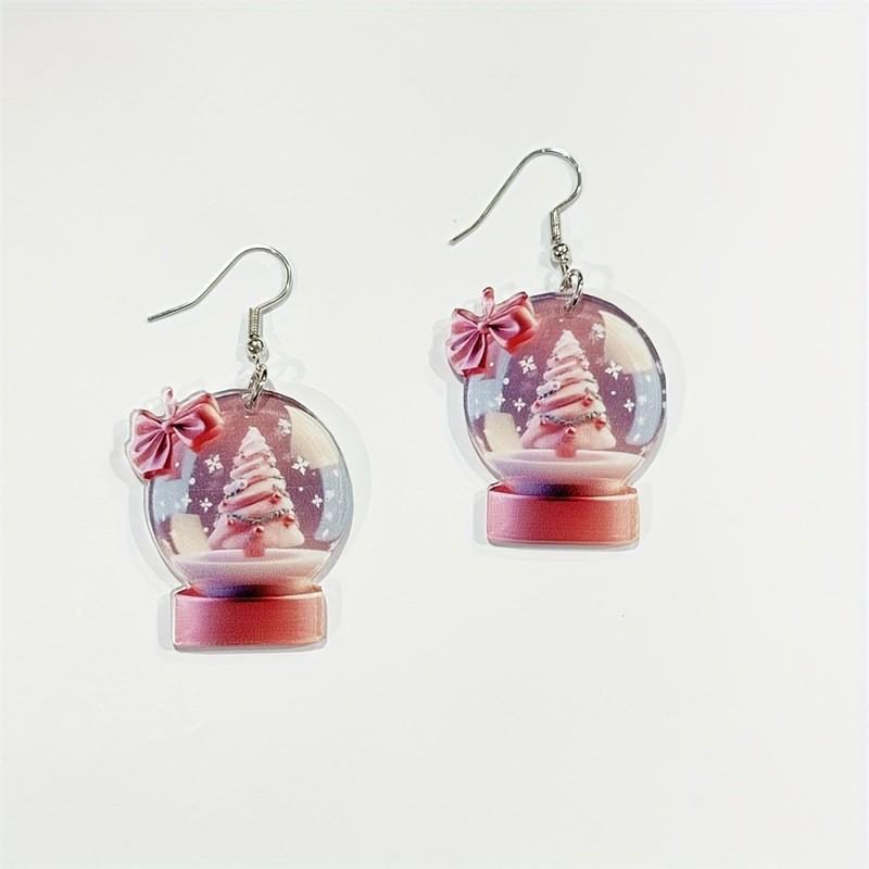 Christmas Snowball Cake Tree Acrylic Earrings with Pink Bow