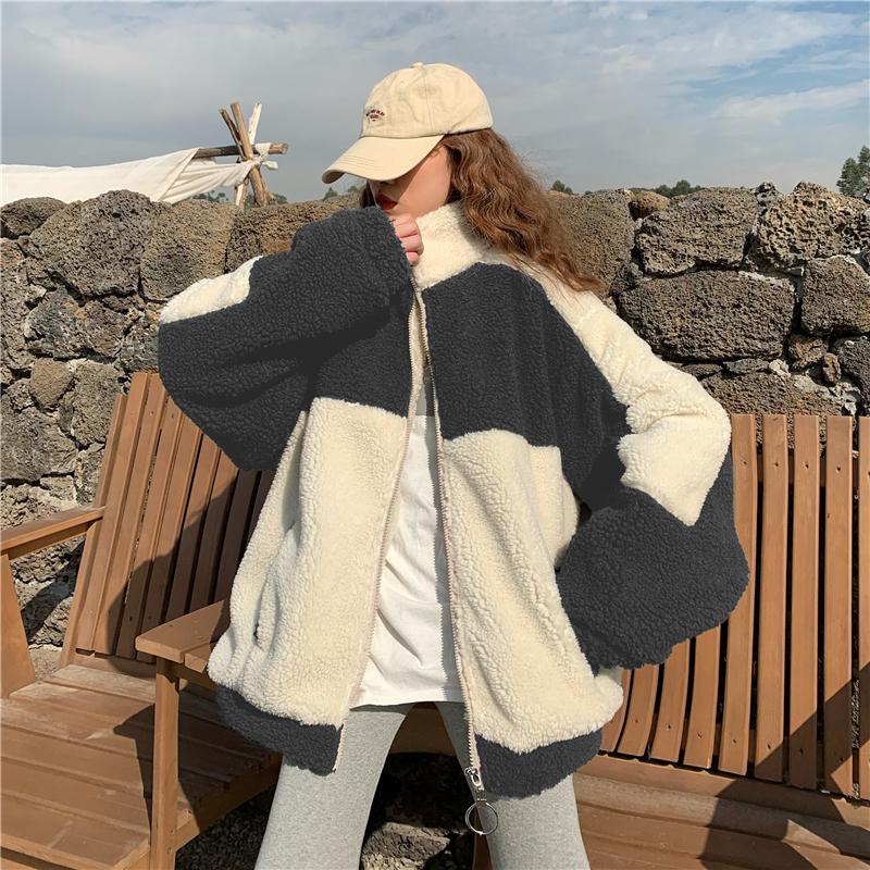 Elegant Coat Women Autumn Winter Warm Soft Zipper Patchwork Jacket Female Plush Overcoat Pocket Casual Outwear