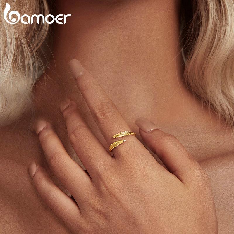 Inel de deschidere cu frunze de aur din argint 925 BAMOER, inel reglabil cu frunze simple, pentru femei, bijuterii fine șic