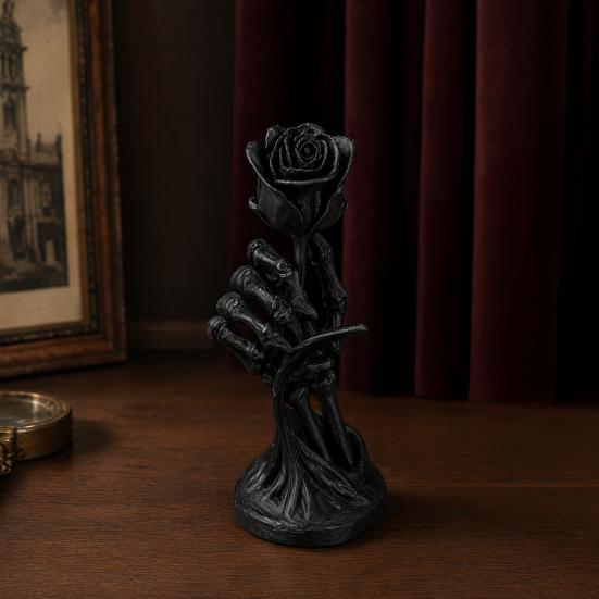 Skeleton Hand Holding Rose Ornament, 3D Printed Gothic Dark Aesthetic Niche Decor, Stable Base Compact Figurine for Home Desk Bookshelf