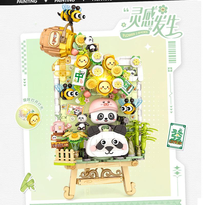 Construction Idea Art Summer Flower Mahjong Panda 3D Easel Painting Micro Diamond Brick Toys With Light Building Block For Gifts