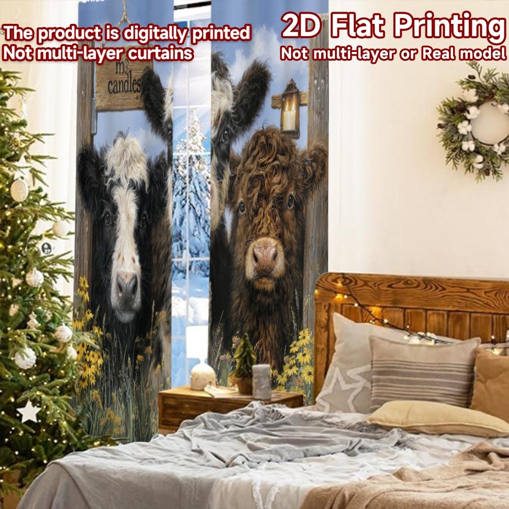 2pcs, 2D FLAT PRINTING Curtains (Without Rod) Curious Cows Holiday Printed Curtains Yarn Curtains Thermal Insulation, and Room