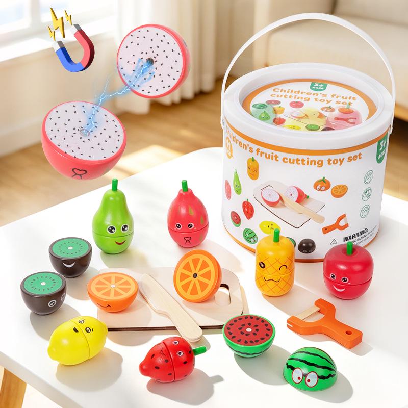Kids' Wooden Fruit Cutting Toy Set - Educational Role-Play Kitchen Bucket