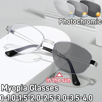 Outdoor Photochromic Myopia Glasses Fashion Oval Half Frame Near Sight Color Changing Eyeglasses for Women and Men Minus Diopter