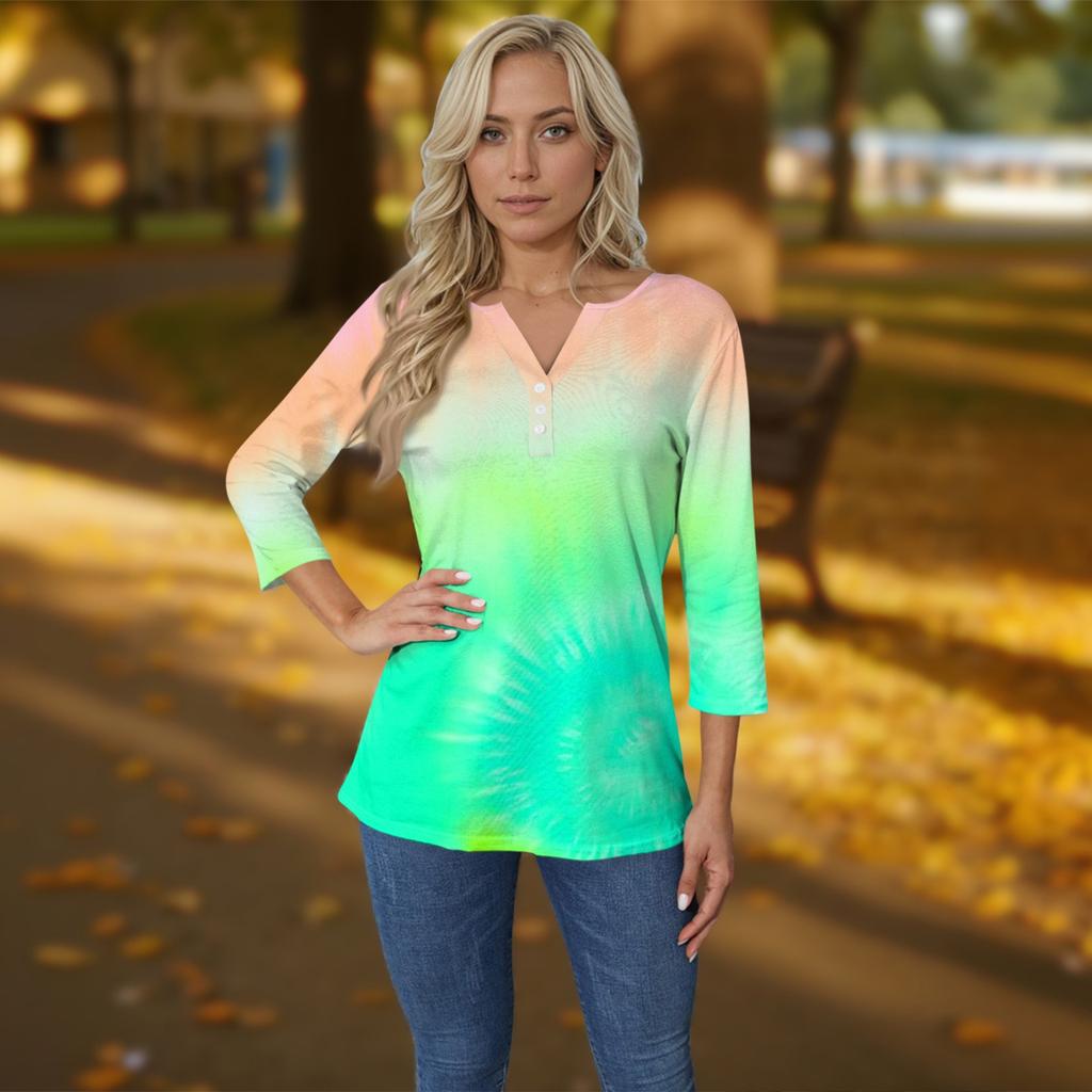 Women's T Shirt Tee Print Button 3/4 Sleeve Daily Weekend Fashion Basic V- Neck Regular Top