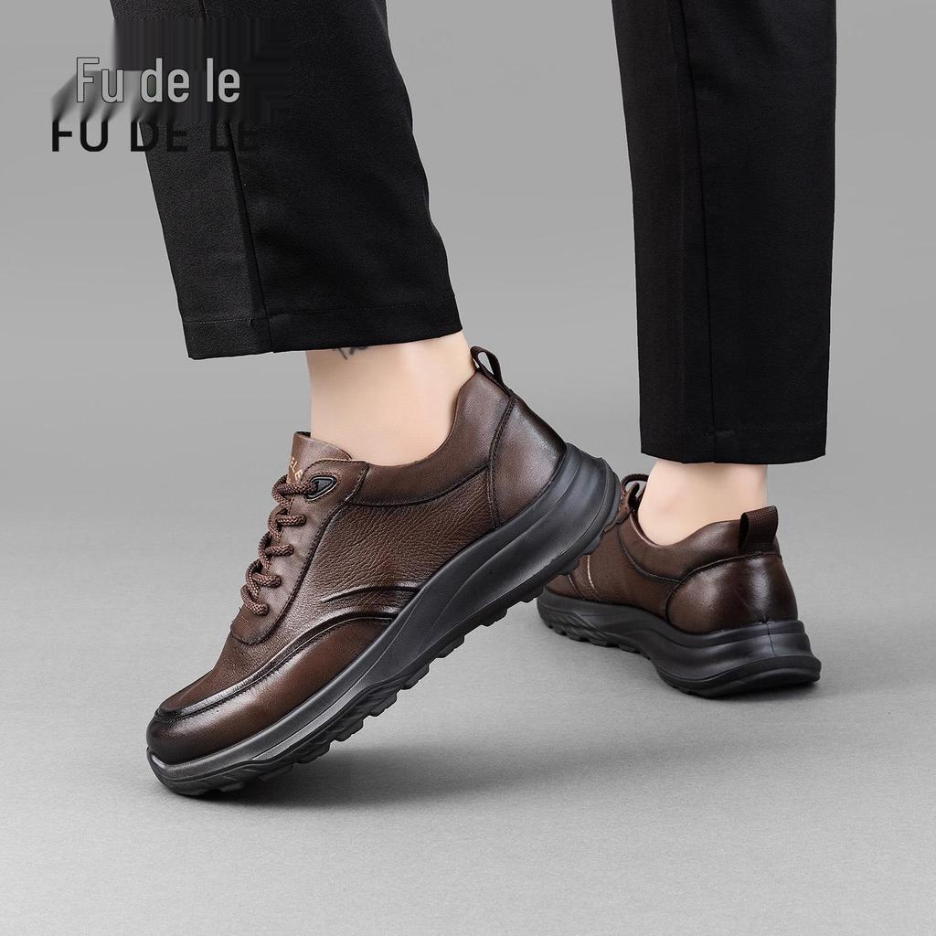 Fu De Le 2025 Men's Genuine Leather Non-Slip Dad Shoes - Soft Sole, Comfortable Cowhide Leather