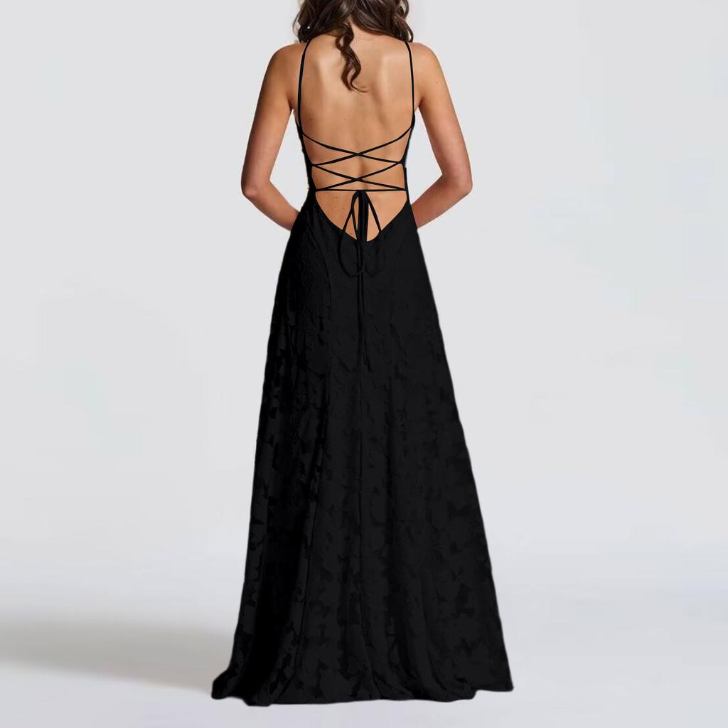 Women’s Casual Lace Patchwork Maxi Dress Sleeveless Spaghetti Strap Long Dress Elegant Evening Party Gown for Summer