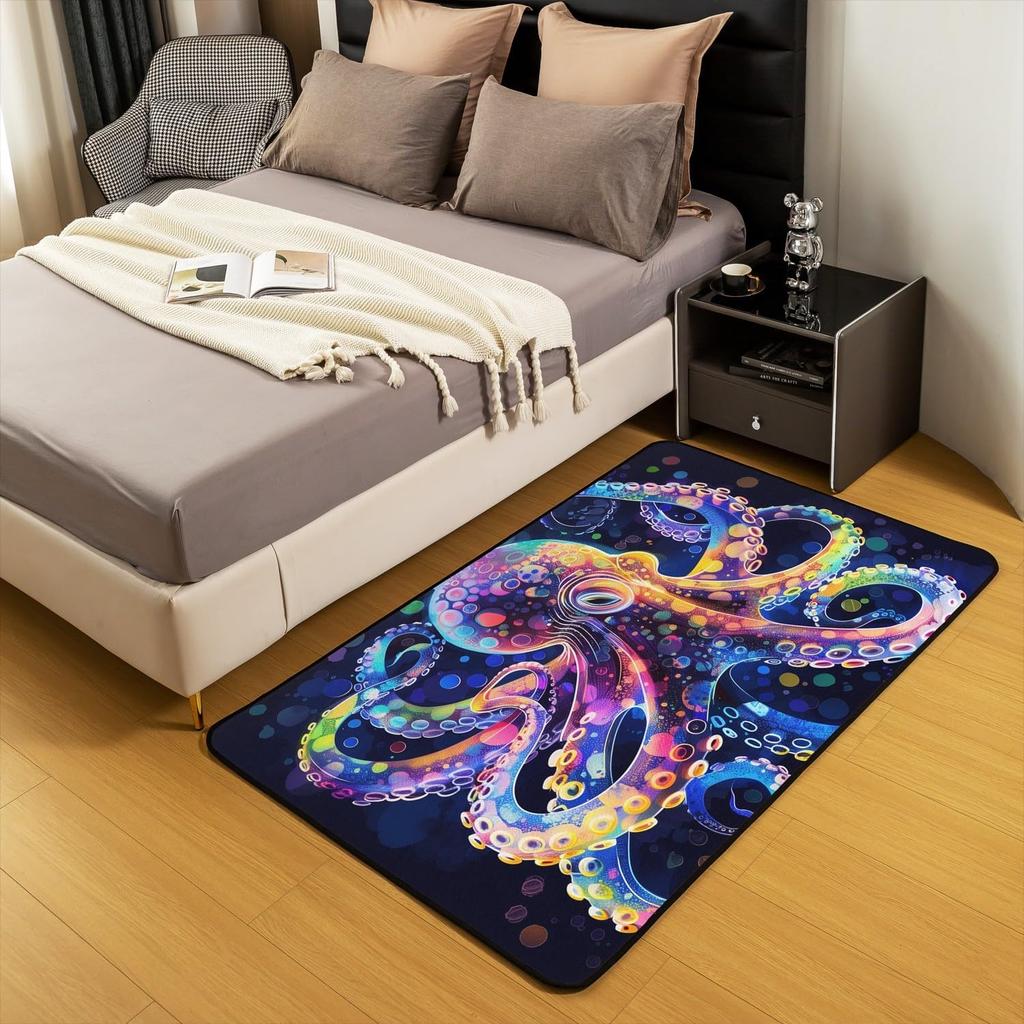 Ocean Themed Living Room Rugs for Bedroom Area Rug Octopus Decor Carpet for Boys Girls Teens Tentacles Indoor Floor Mat Black