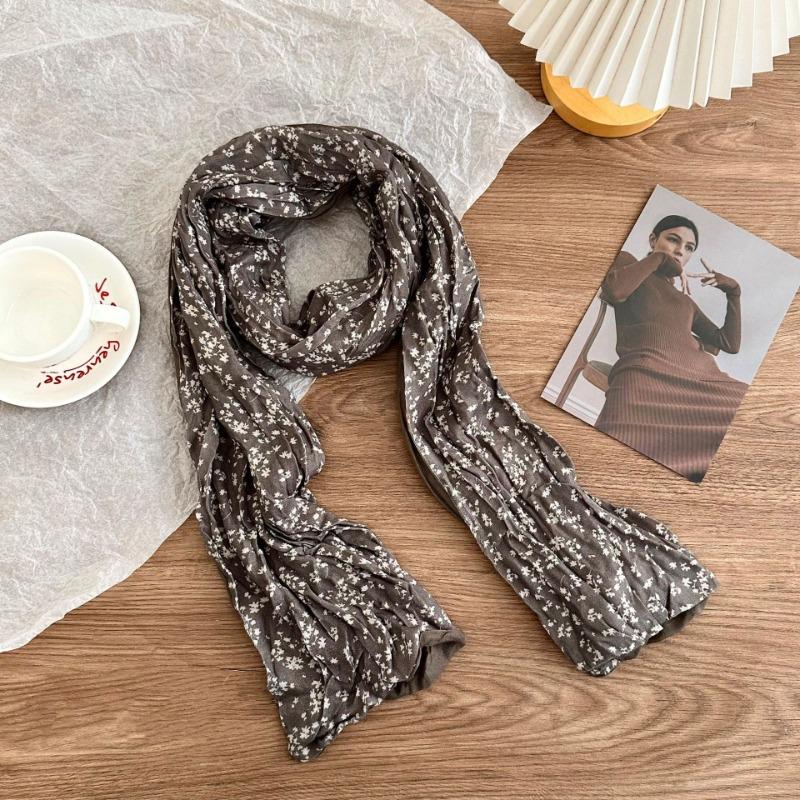 Cotton and linen scarf atmosphere new fashion retro floral pleated scarf scarf neck shawl