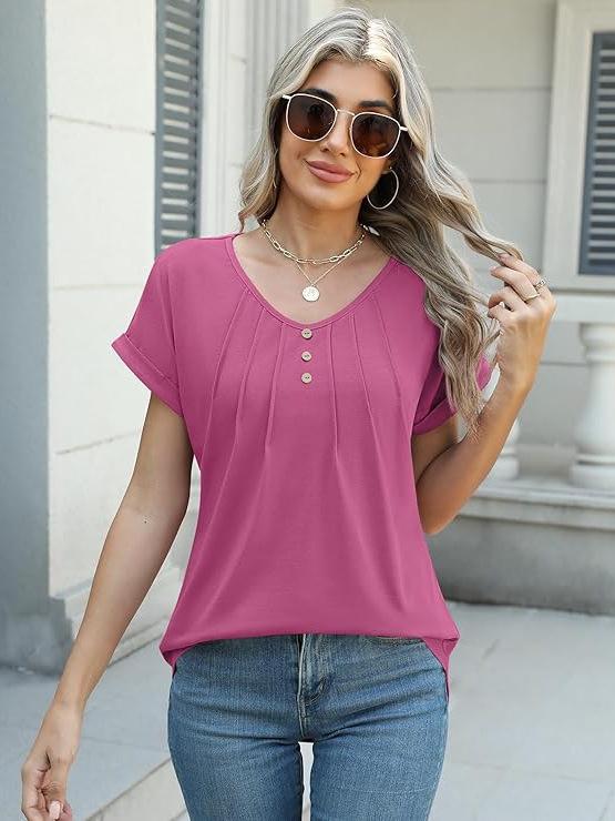 Women's V-neck Pleated Button Short Sleeve Casual Top