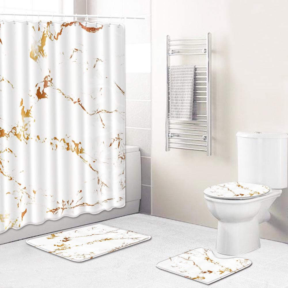Marble Texture Printing Bathroom Non-Slip Floor Mat Shower Curtain Combination Carpet European And American Style