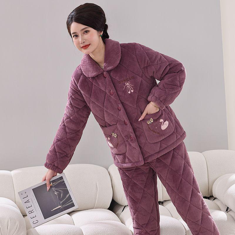 Damen Winter Korallfleece Gesteppter Pyjama - Dickes Flanell Warmes Hausanzug-Set für Mittelalte und Ältere Mütter