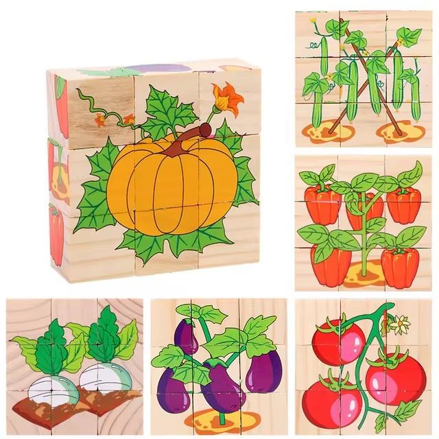 Wooden Six Sided 3D Cube Jigsaw Puzzles Children Kids Toys Animal Fruit Traffic Cognize Early Learning Educational Toys Fun Game