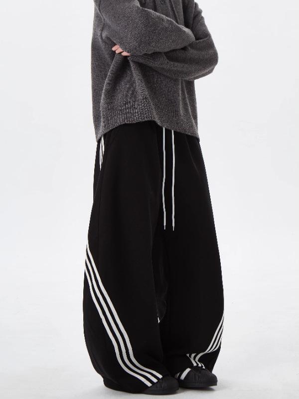 Retro Striped Color Block Wide-Leg Sweatpants with Elastic Drawstring for Men & Women