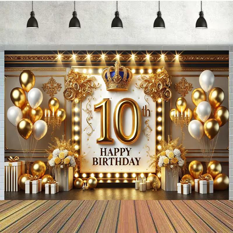 2D Schwarz Gold 10. Geburtstag Kulisse mit Kronenlichtern und Ballons Fotoautomaten Banner