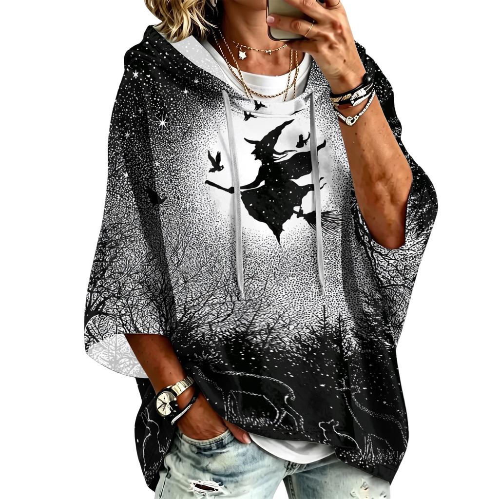Women's Fashionable Three-Quarter-Sleeve Halloween-Printed Hooded Pullover
