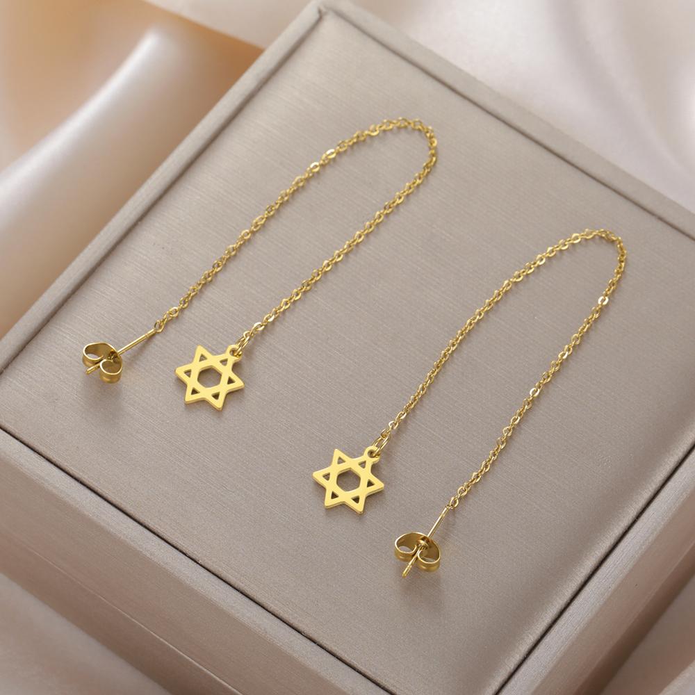 Dawapara Judaic Star of David Tassels Long Earrings for Women Minimalist Hexagram Threader Earrings Stainless Steel Jewelry