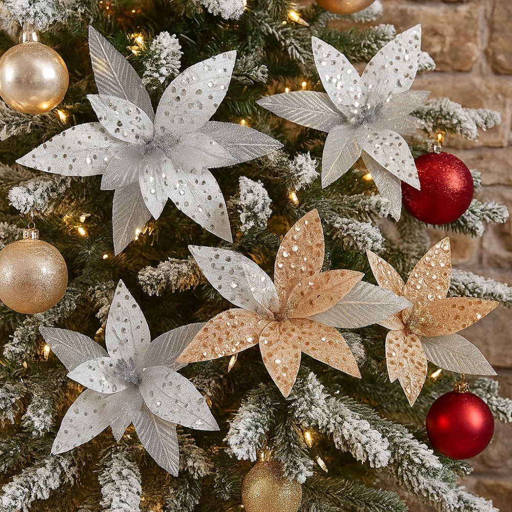 25cm Weihnachts-Kunstblumen Realistische Handgefertigte Weihnachtsstern-Blume Pailletten-Netz Dekorative Simulation Glitzerblume