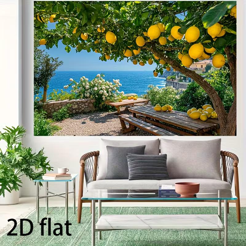 Helles Mittelmeer-Zitronenbaum-Wandteppich, Sonnenterrasse mit Blick auf das Blaue Meer und einem fruchttragenden Zitronenbaum, Frische Sommer-Wandkunst