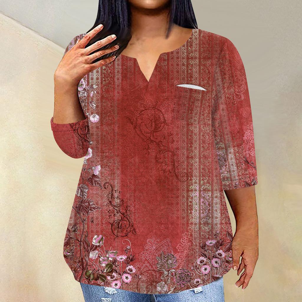 Maglione da donna alla moda casual con maniche a tre quarti e scollo a V stampato, manica 4/3
