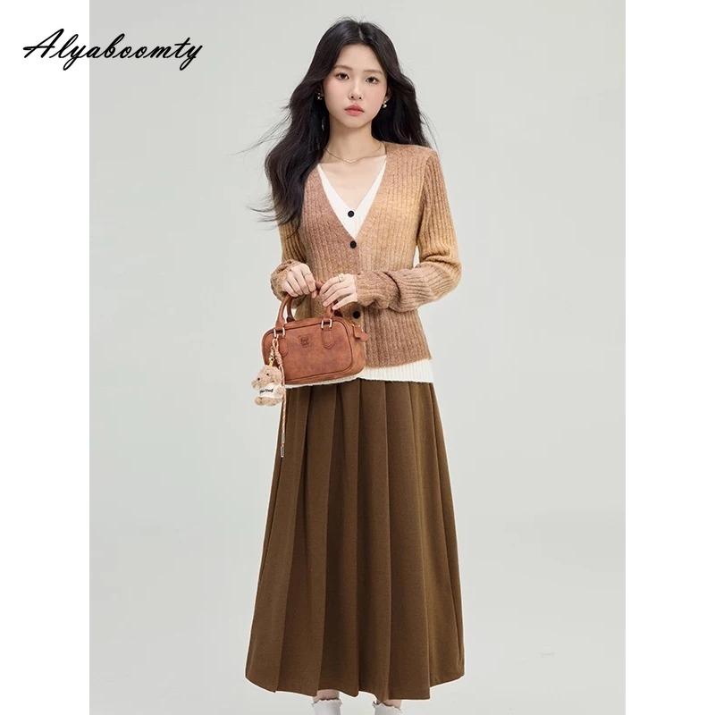 French Style Spring Autumn Women Knitted Cardigan Contrast Color V Neck Knitting Top Long Sleeve 1 Piece Patchwork Feminine Outerwear