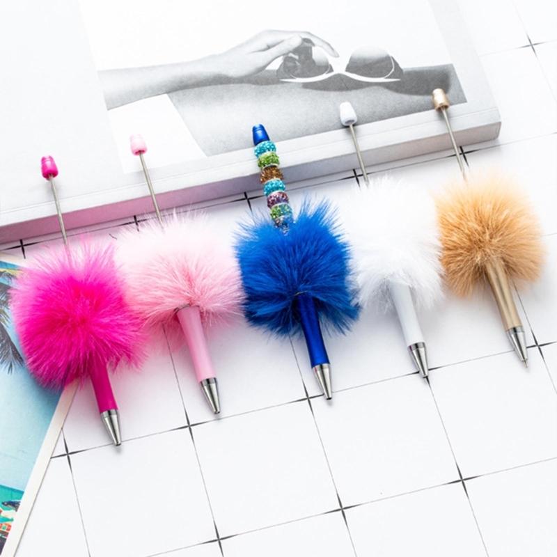 6Pcs Beadable Ballpoint Pen Plush Ball Ballpoint Pen Write Smoothly Novelty Writing Pen for Student Kid Game Reward