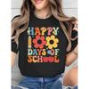 European Sizes Women's Happy 100 Days of Print T-Shirt - Colorful Lettering with Pencils & Flowers Design Crew Neck Short Sleeve Top