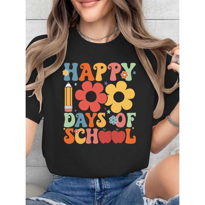 

European sizes Women s Happy 100 Days of Print T-Shirt - Colorful Lettering with Pencils & Flowers Design Crew Neck Short Sleeve Top S чёрный