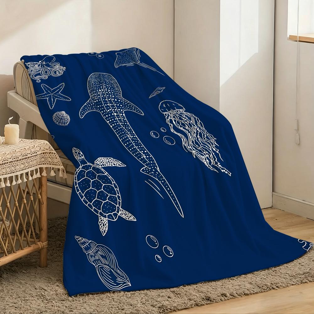 1pc Shark Print Throw Lightweight 240g Flannel Blanket Soft Skin-friendly for Summer Cooling
