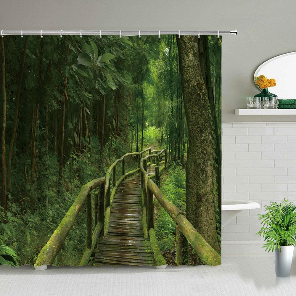 Forest Landscape Shower Curtains Green Tropical Plant Palm Tree Flower Leaves Garden Natural Scenery Bathroom Decor Bath Curtain