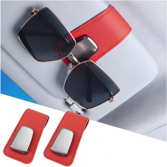 Car Sunglass Holders, 2PCS Leather Vehicle Sun Visor Eyeglasses Hanger Clip, One Handed Operation Automotive Interior Glasses Ticket Storage Clamp