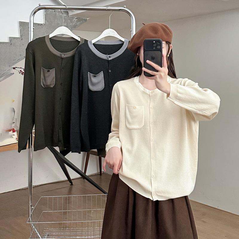 Plus Size Knit Cardigan Sweater Round Neck Color Block Pocket Loose Fit