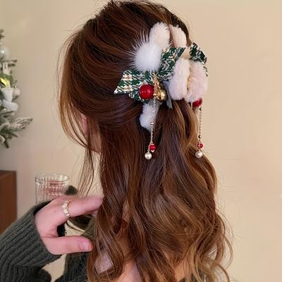 Christmas Style Patterned Bow Hair Clip Bell Pendant Plush Decoration Holiday Cute and Exquisite Hairstyle Hair Accessory